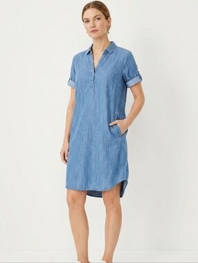 loft denim shirt dress Denim Barrel Sleeve Mini Dress